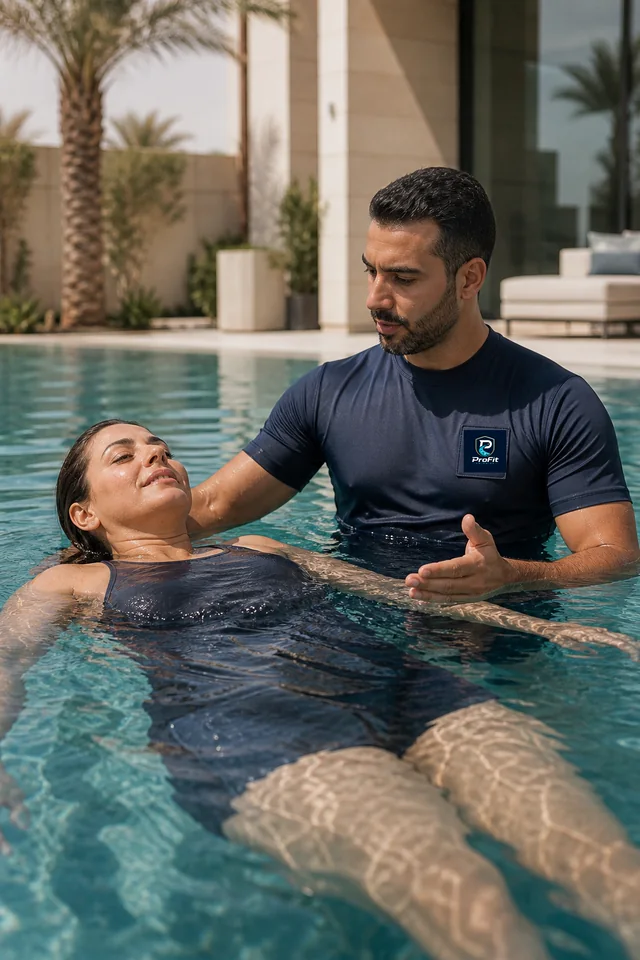 Adult beginner practising a supported float with a coach