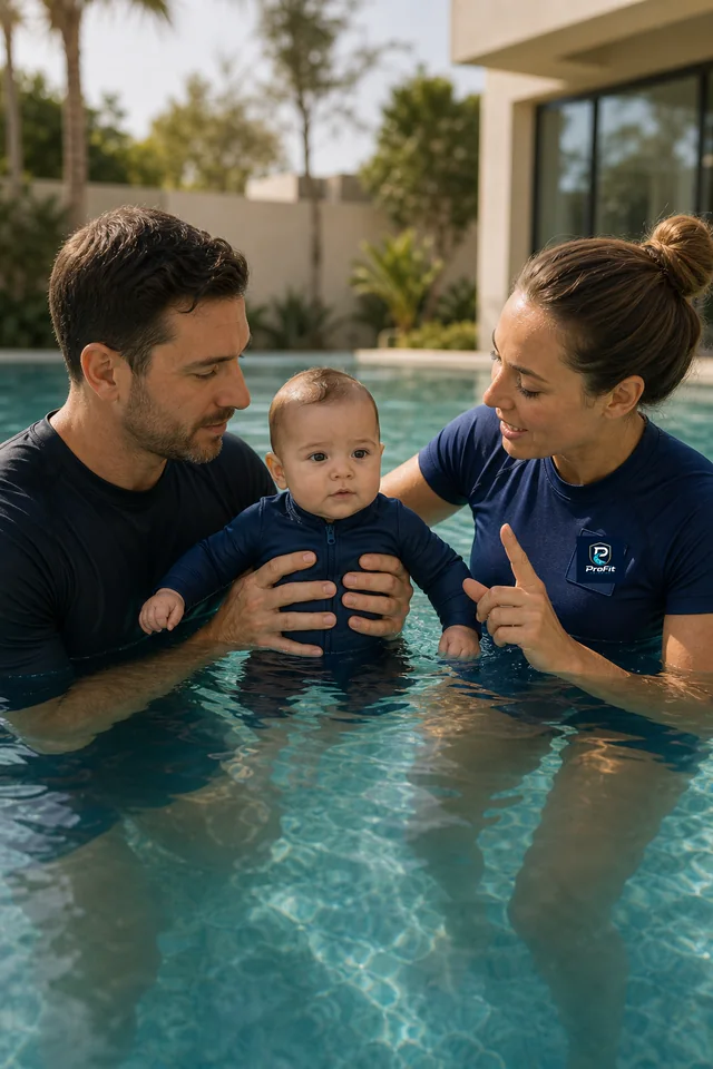 Parent and coach supporting a baby during a swimming lesson