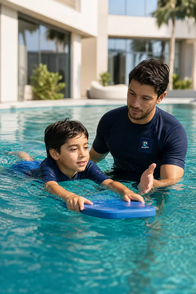 Child practising swimming technique with a coach
