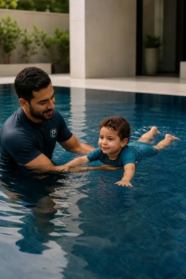 Illustration of a toddler practising water confidence with a coach